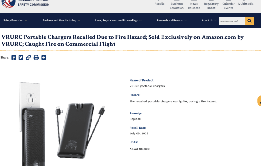 VRURC Portable Chargers Recalled VRURC Portable Chargers Recalled